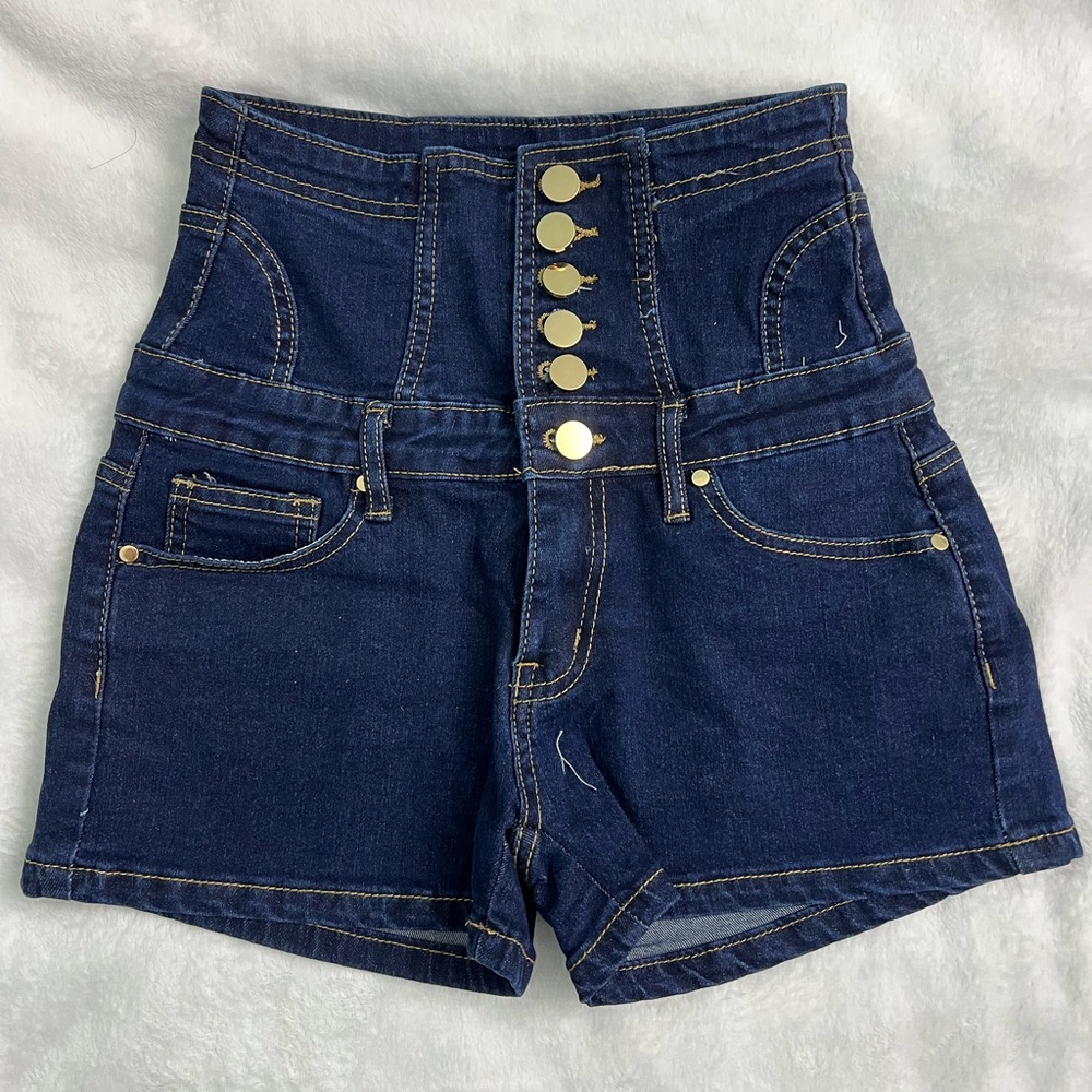 Shein High-Waist Dark Blue Denim Shorts with Gold Button Detail Size 26